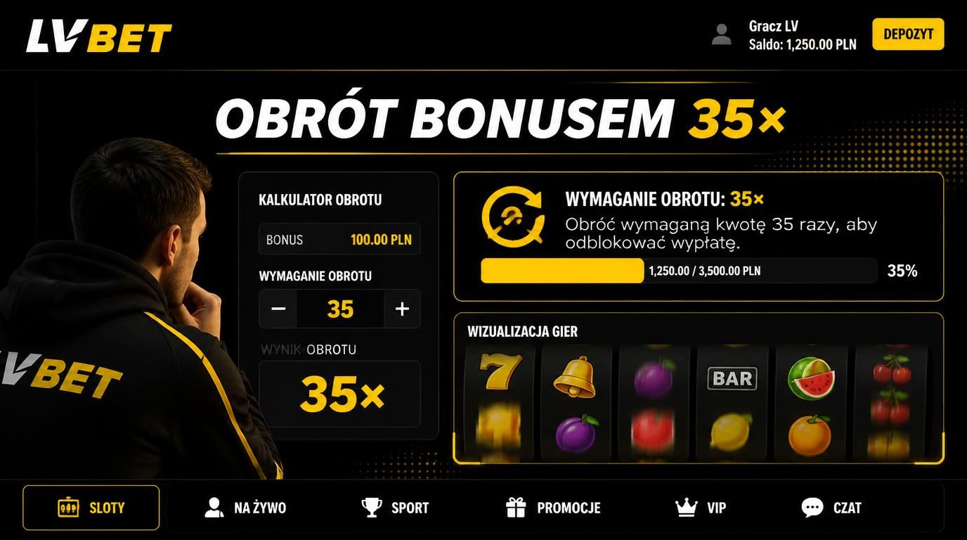 Gracz patrzący na ekran z napisem „Obrót bonusem: 35×”