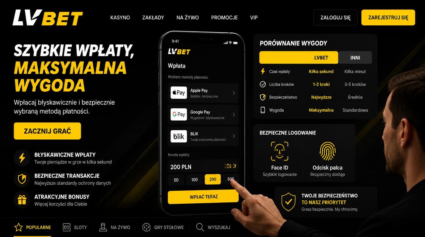 Interface lvbet na smartfonie pokazujący metody płatności mobilnych – BLIK, Apple Pay, Google Pay – z uwagą na wygodę i bezpieczeństwo.
