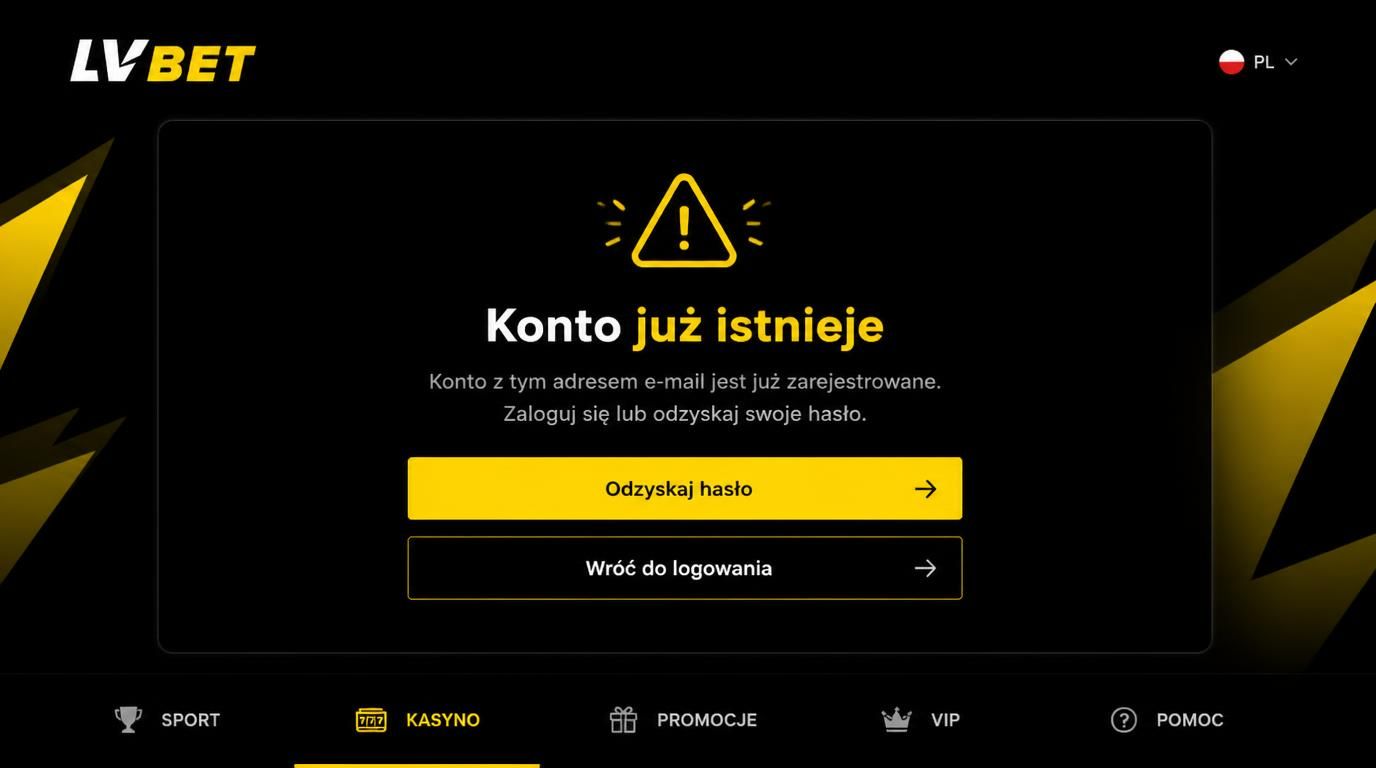 Ekran komunikatu o istniejącym koncie i opcje odzyskiwania dostępu.