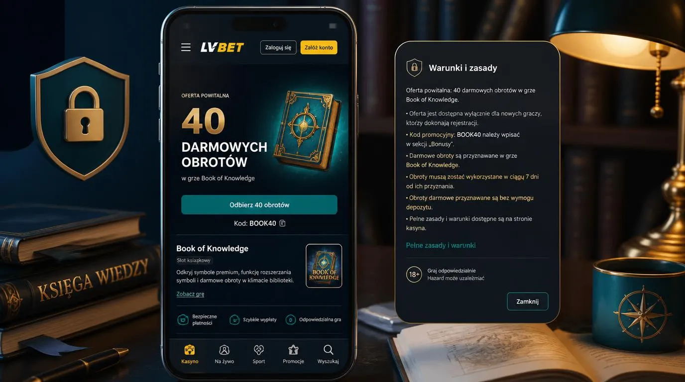 Ekran telefonu z ofertą 40 darmowych spinów, symbolem kłódki i widocznymi warunkami promocji